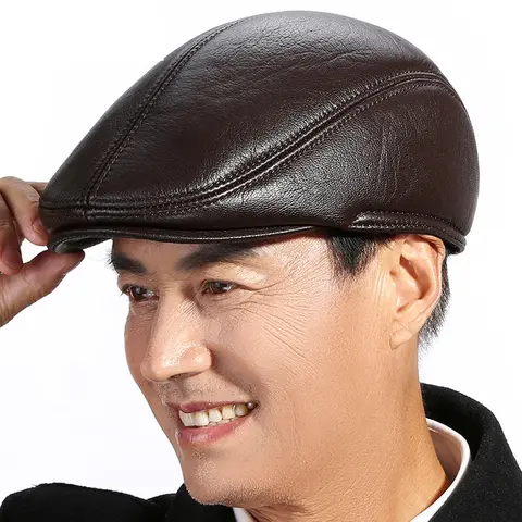 Spring Men's Real Genuine sheep Leather baseball Cap brand Newsboy /Beret Hat winter warm caps&hats men with ears ear flap