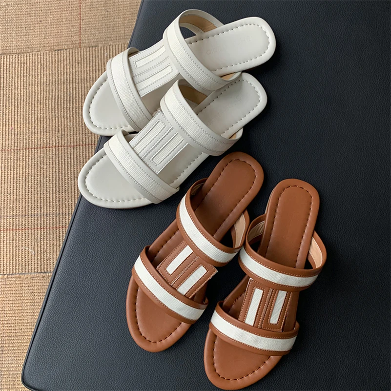 ANNYMOLI Women Slippers Shoes Flat Sandals Round Toe Ladies Footwear Summer White Brown Size 34-40 2021 Fashion Slides Shoes