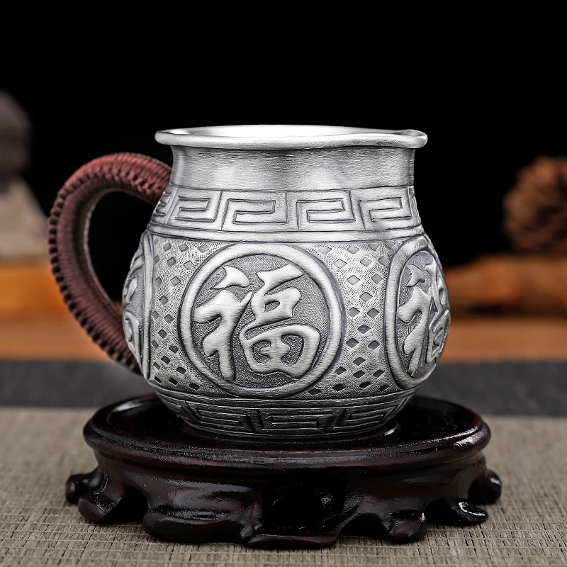 Pure silver 999 fair cup pure hand-engraved blessing Chinese style retro household silver Kungfu tea set