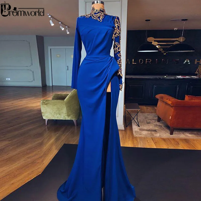 Real Photo Royal Blue Mermaid Prom Dresses Lange Mouwen Hoge Hals Avondjurk 2020 Hoge Split Gold Lace Kralen Formele party Gown