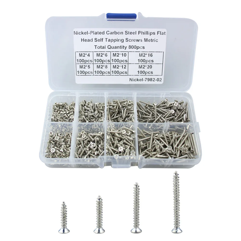 

800Pcs M2 Stainless Steel Self Tapping Screw Assortment Kit Lock Nut Wood Thread Nail Screw Sets Wood Screw tool kit