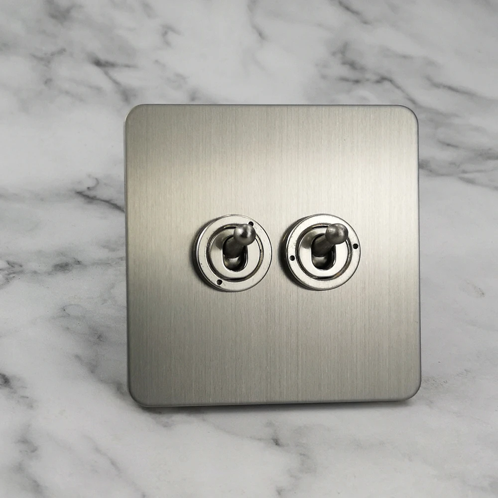 Wallpad Silver 2 Gang 2 Buttons Toggle Switch Electric Light Switch Satin Chrome Brushed Stainless Steel Panel