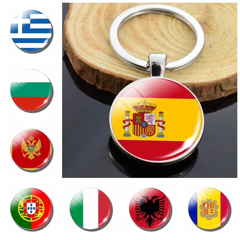 Southern European Countries Albania Andorra Spain Portugal Italy Greece Malta Flag Double Side Glass Dome Keychain Flag Trinket