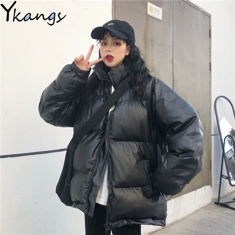 Black PU Leather Short Parkas Women'S Jackets Fashion Warm Thick Winter Solid Color Coats Female Zipper Cotton-Padded Clothing