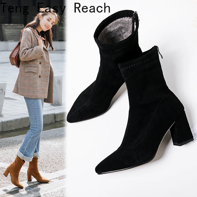 Fashion Ankle Elastic Sock Boots Chunky High Heels Stretch Women Autumn Sexy Booties Pointed Toe Women Pump Size 33-42