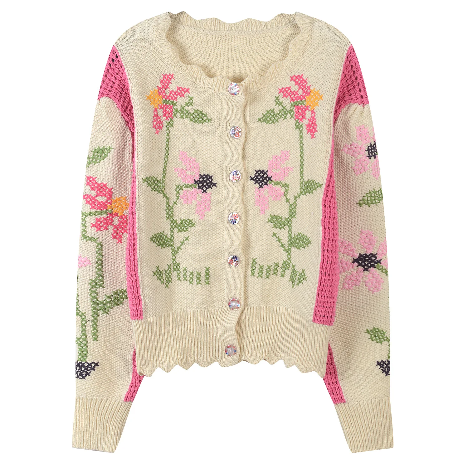 TEELYNN long sleeve pink floral embroidery Crochet sweaters women coat 2020 vintage knit Cardigan autumn warm sweater jumper