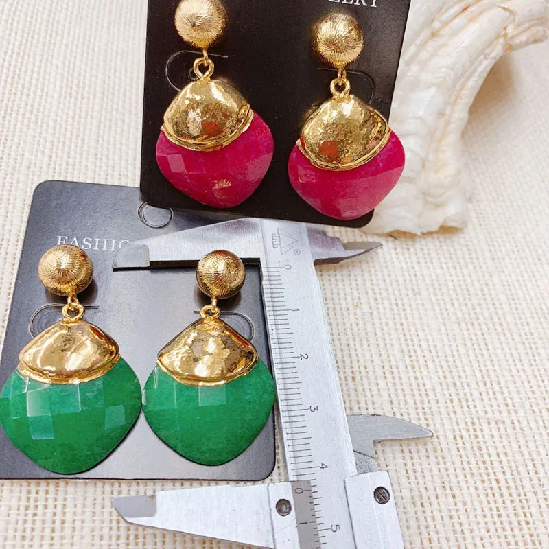 New Design Woman Earring 24K Gold Dyed Jade Geometric Earrings 2020 Fashion Earring For Lady Red Green 3pairs