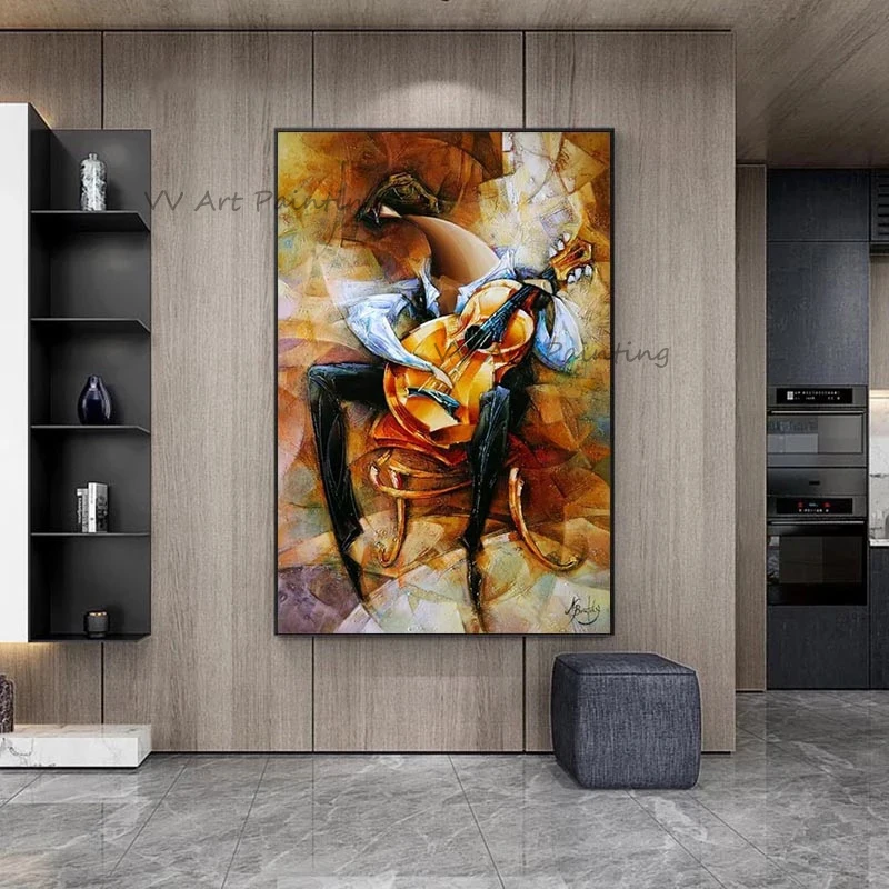 

Art Music Man Playing Violin Modern Handpainted Abstrat Oil Painting on Canvas Home Decoration Wall Art Picture For Living Room