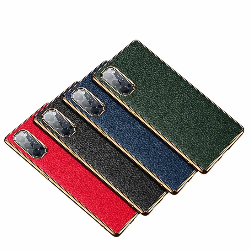 

Shockproof Litchi Pattern Genuine Leather Gold Frame TPU Case Back Cover for OPPO Reno 4 Pro