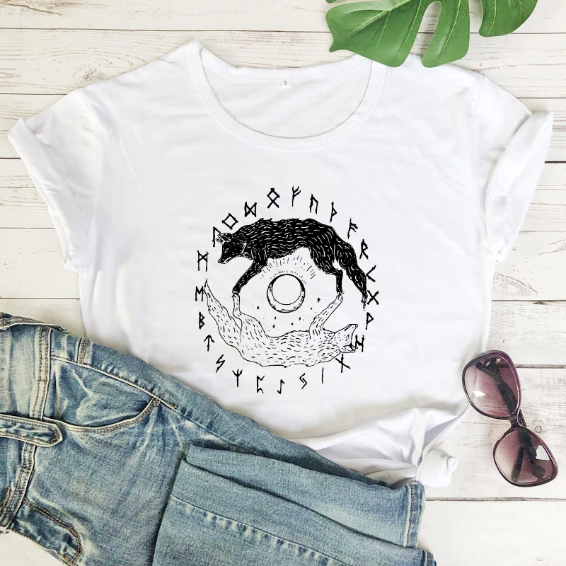 Viking Wolves 100% Cotton T-shirt Aesthetic Wildlife Lover Gift Tshirt Women Hipster Stars Moon Nature Top Tee Shirt