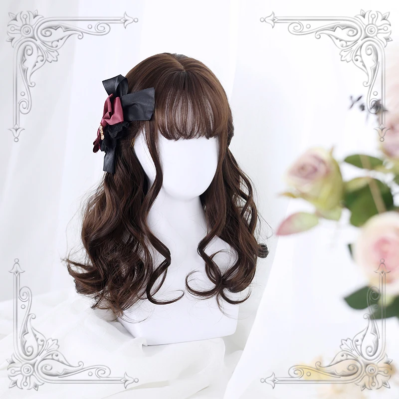 High Quality Lolita Dark Brown 50CM+ Mid-Length Big Wave Female  Wig Cosplay Party