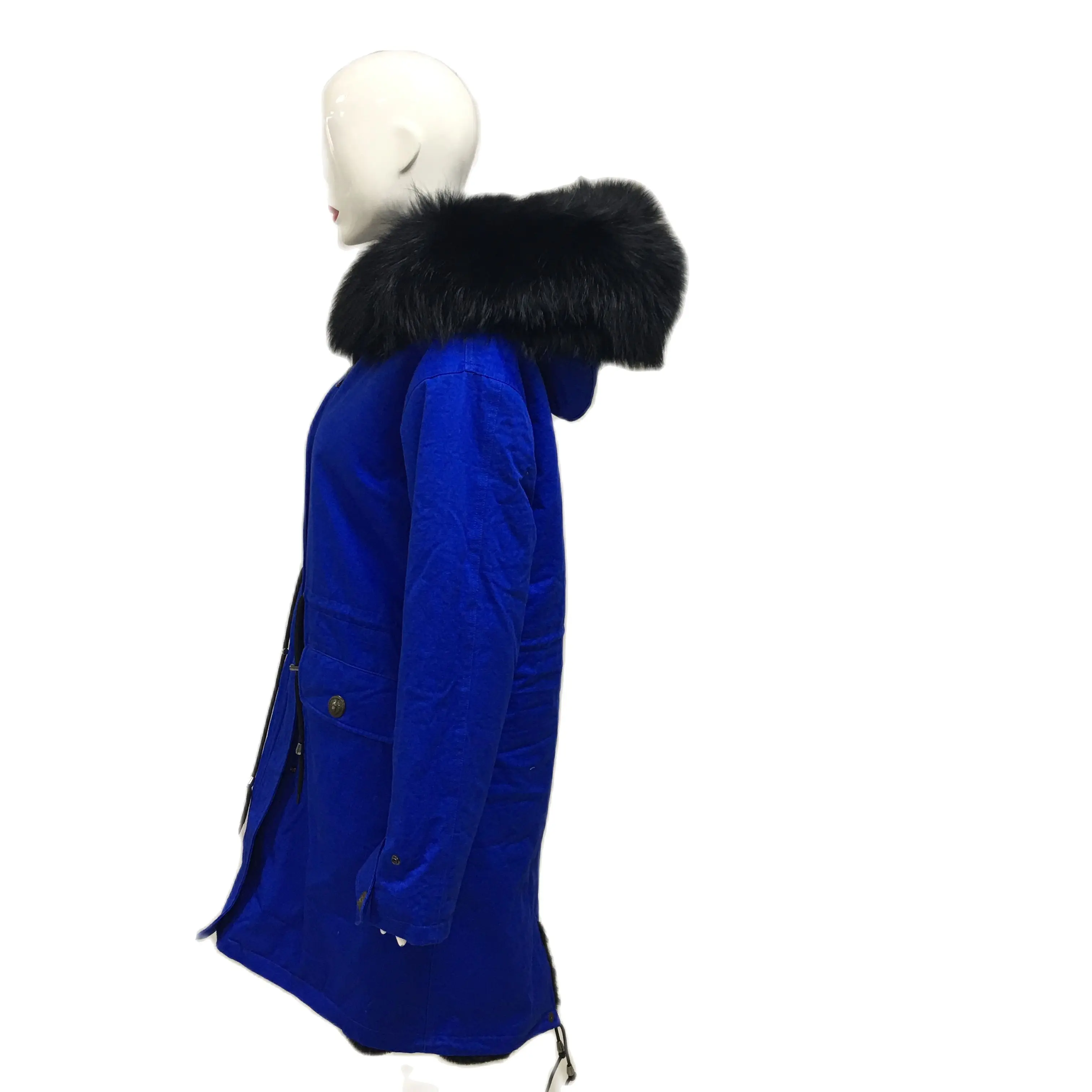 Fashion Bright Blue Long Men Faux Fur Parka Winter Raccoon Fur Collar Parka Plus Size