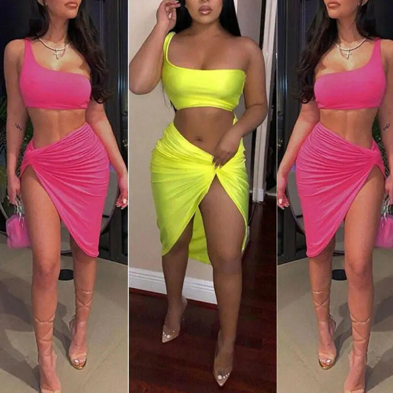 Hot Sale Two Pieces Off Shoulder Bandage Clubwear Top And Skirt Set Sexy Sleeveless Vest Bra Crop Tops Tank Side Split Skirt