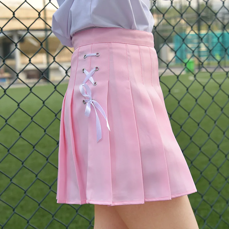 3 cores novo verão kawaii saias estilo preppy feminino saias plissadas arco laço de cintura alta cor sólida mini saia feminina mujers