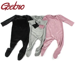 Geebro Newborn Boys Girls Long sleeves Jumpsuits Soft Warm Velvet Stretches Footies Beanie Baby Romper Bodysuits Outfits Clothes