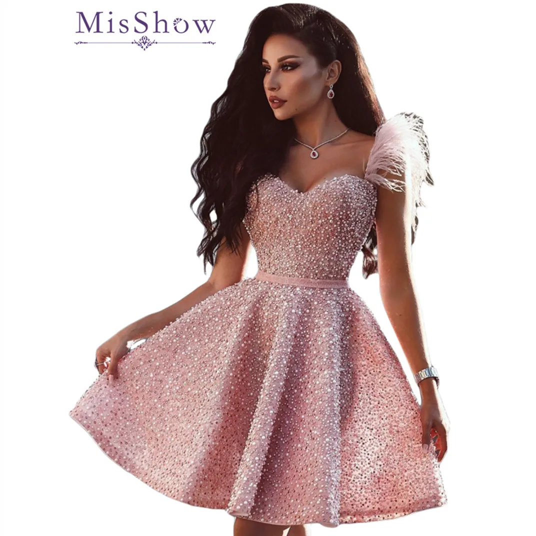 MisShow Luxury Pink Feathers Short Dress for Women Beaded Glitter Midi Female Dresses for Casual Party Homecoming