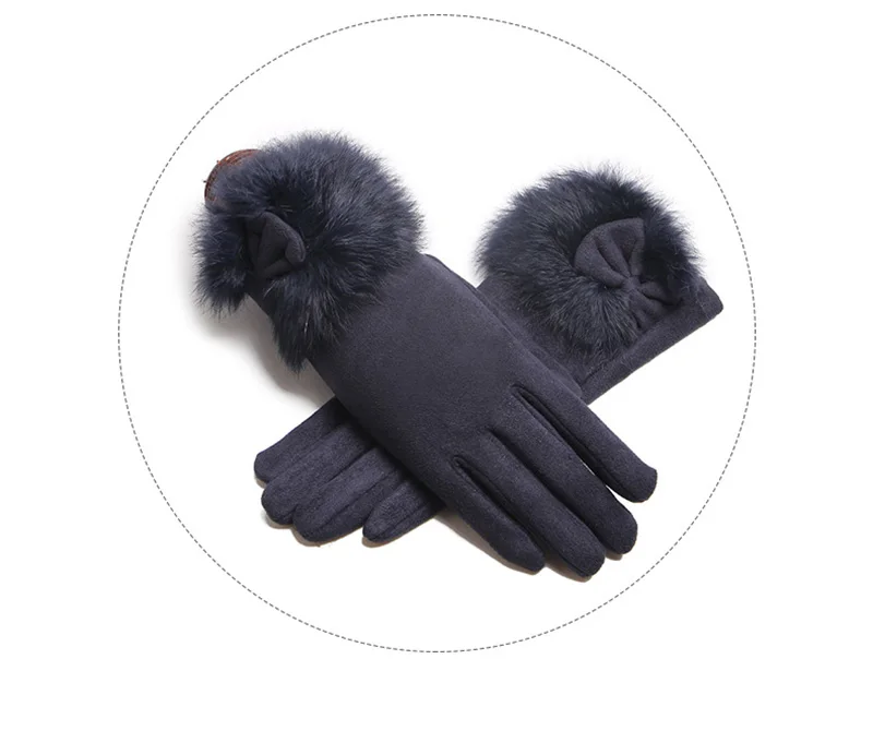 Winter Female Suede Leather Bow Plush Wrist Mitten Women Thick Plus Plush Windproof Warm Touch Screen Driving Gloves J22