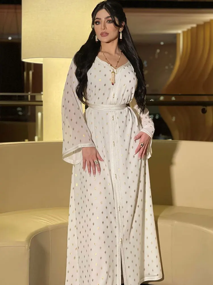 Gold Dot Abaya Arab Evening Kaftan Moroccan Party Caftan Women Long Dresses+Inner Slip Dress Muslim Dubai Saudi Jalabiya Wedding