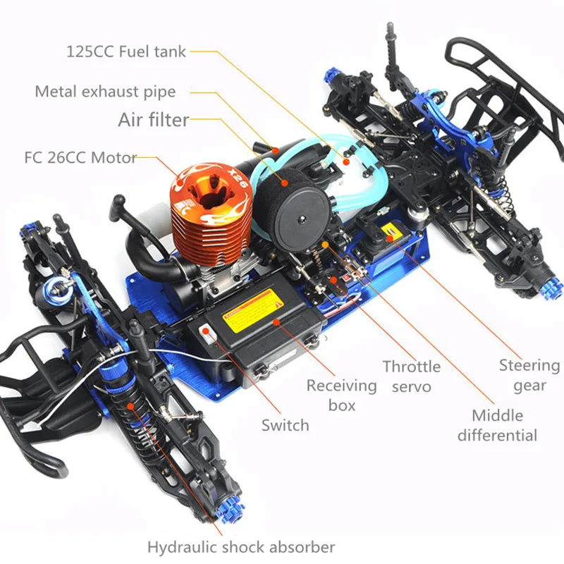 80KM/H Fuel Drive 4WD RC Car CVD Rotating Dog Bone Hydraulic Shock Absorber FC26 Motor Alloy Chassis Remote Control Racing Car