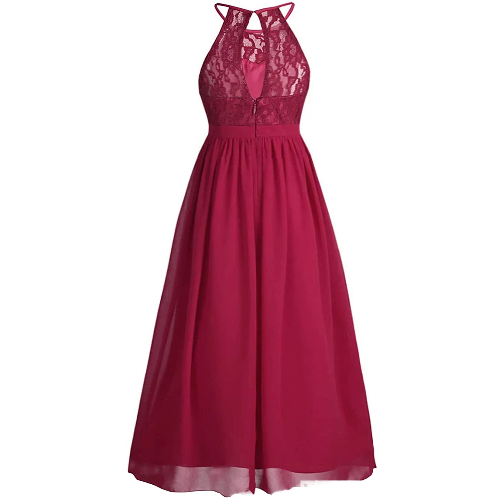 

Simple Burgundy Flower Girl Dress Childrens Bridesmaid Dress Prom Maxi Brithday Party Halter Neck for 2 -12 Years