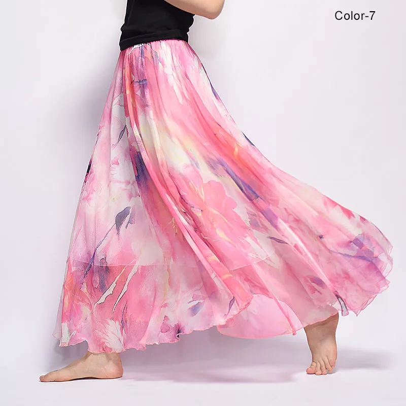 Women Fashion Florals Print Long Skirt Female Boho Style Elastic High Waist Chiffon Casual Beach Skirts Saias 19 Color Summer