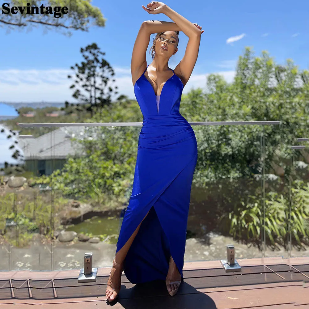 

Sevintage Royal Blue Mermaid Satin Evening Dresses Long Criss-Cross Back Women Prom Party Dress Slit Formal Evening Gowns