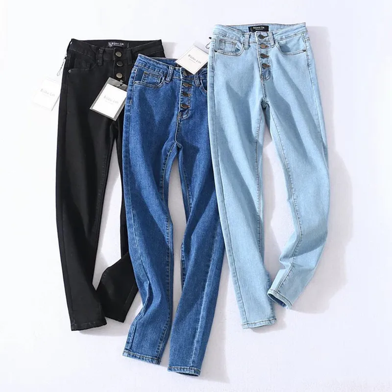 Vintage Skinny Four Buttons High Waist Pencil Jeans Women Slim Fit Stretch Denim Pants Full Length Denim Tight Trousers