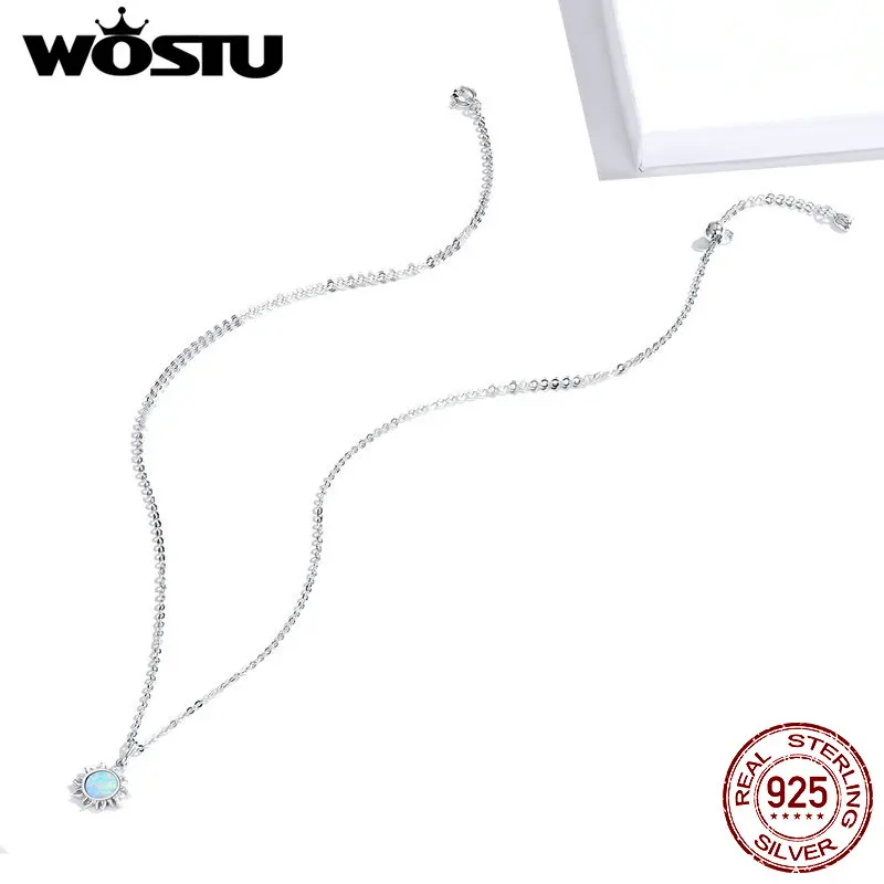 Opal Zircon Necklace WOSTU 100% 925 Sterling Silver Sun Sunny Long Chain Necklace forWomen Necklace Silver Gift Jewelry FIN399