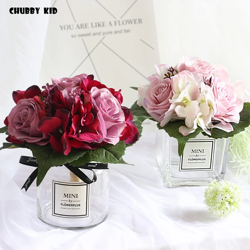 Artificial rose Hydrangea Floral fake flower arrangements silk flower with glass vase suit Artificial flower art Table flower