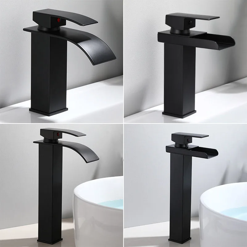 Bathroom Deck Mounted Basin Faucet Black Sink Tap Waterfall Cold and Hot Water Mixer Tap Brass Chrome Vanity Vessel Sink Faucets