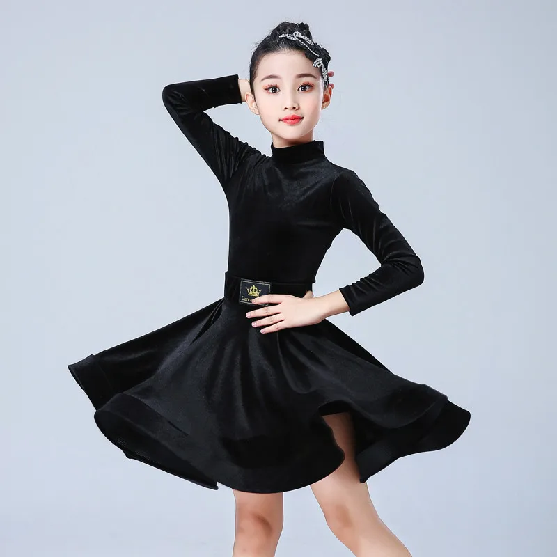 Kids Dresses for Girls Long Sleeve Latin Dance Dress Velvet Ballroom Competition Party Stage Performance Practice Costumes