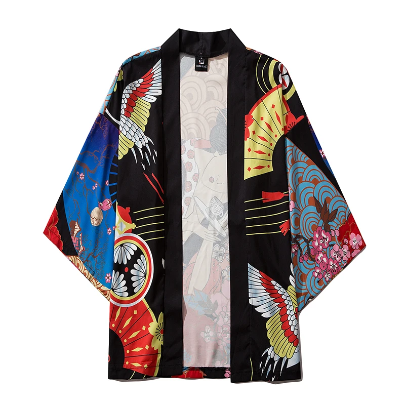 Bebovizi Streetwear Ukiyo-e Flower Print Kimono Cosplay Cardigan Robe Haori Obi Traditional Japanese Clothes for Women Men