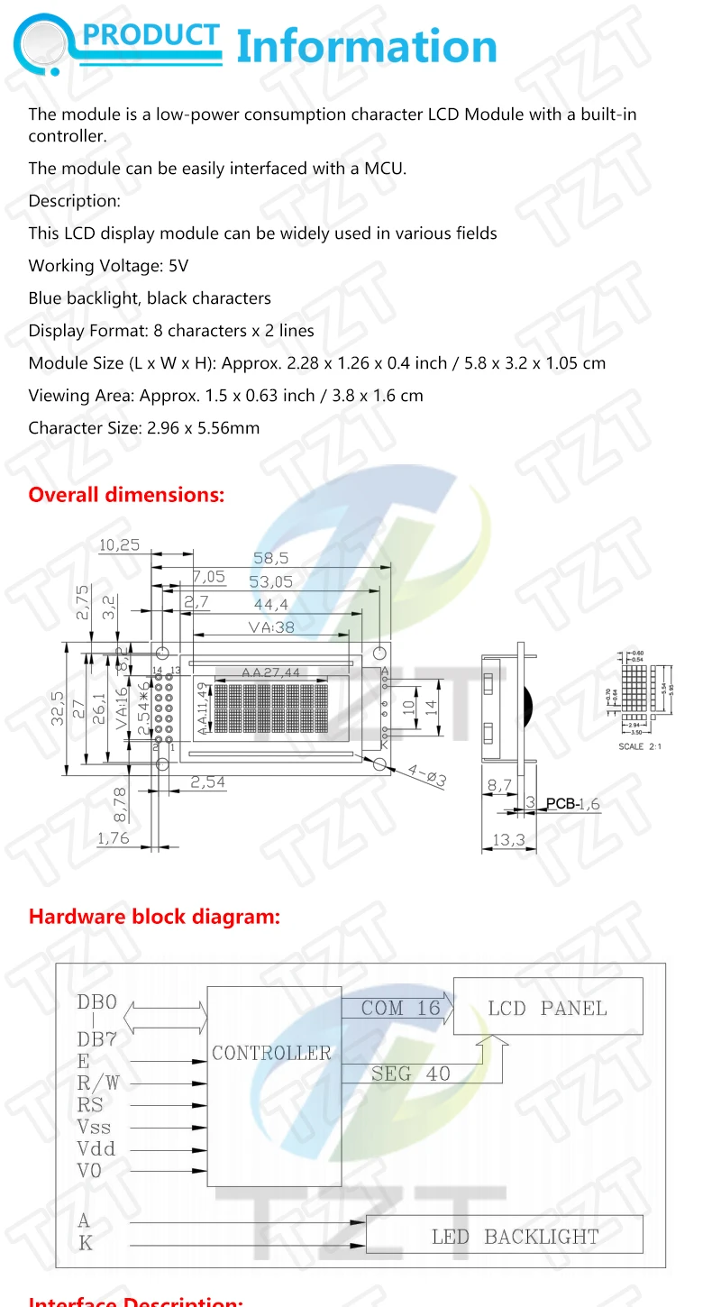 TZT 1/3PCS 8 x 2 LCD-Modul 0802 Zeichenanzeige Blau / Gelbgrün für Arduino – Detail 1