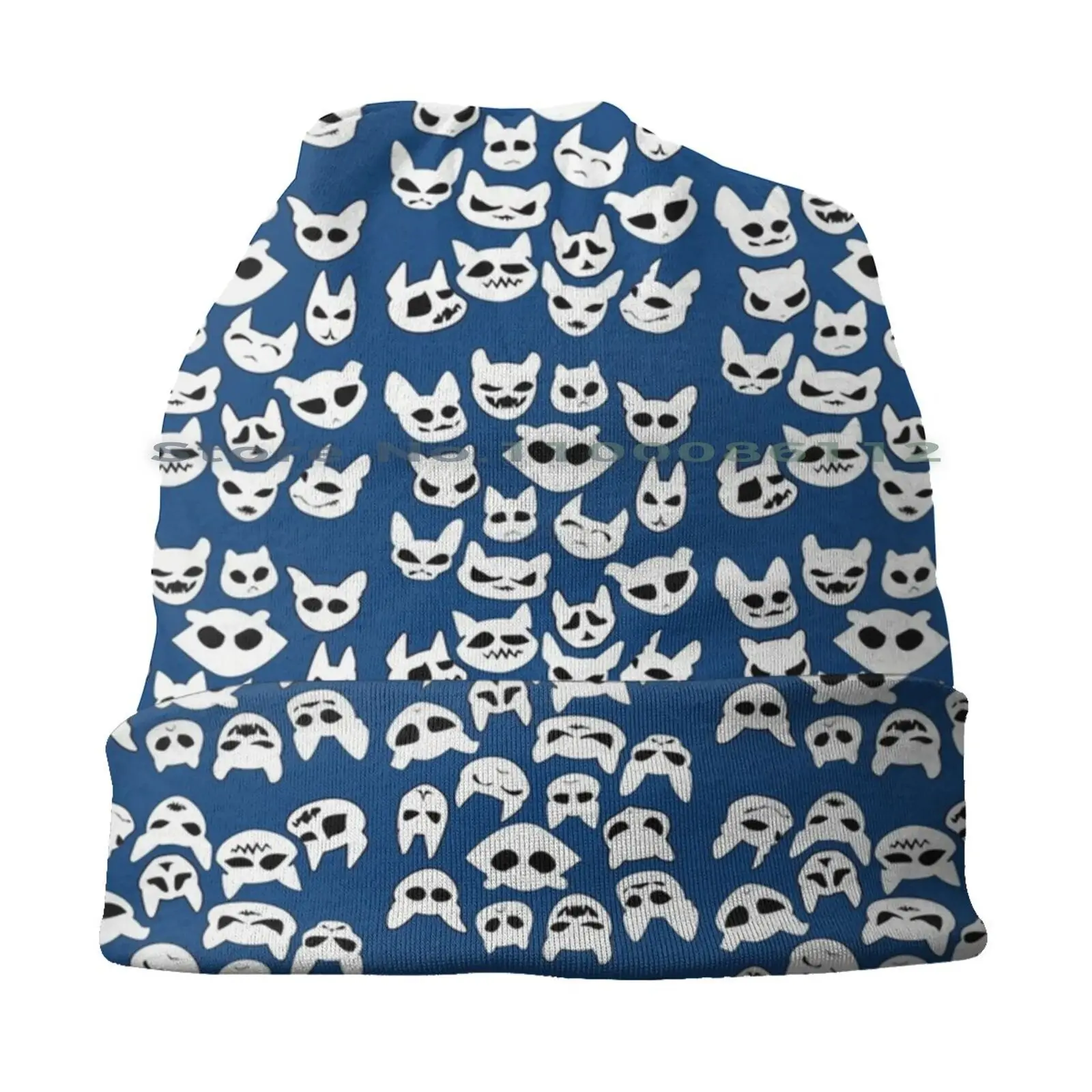 Halloween Cats\ Bats-White On Blue Beanies Knit Hat Spooky Boo Trick Or Treat Halloween Pattern Cute Skeleton Cat Cat Eyes