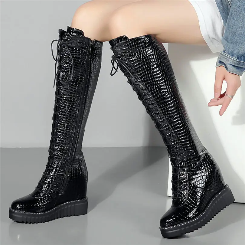 

2025 Winter Platform Pumps Shoes Women Genuine Leather Wedges High Heel Knee High Snow Boots Female Round Toe Fashion Sneakers