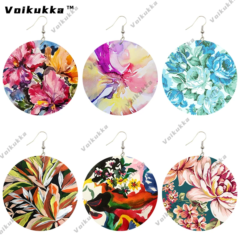 Voikukka Jewelry 6 CM Circle Floral Double-sided Printing Flowers Country Style Wooden Pendant Drop Fashion Earrings For Women