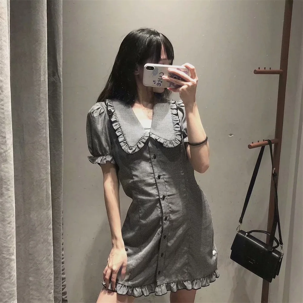 

Plaid Mini Dress Summer Women's Retro Doll Collar Puff Sleeves Waist Slimming Trim