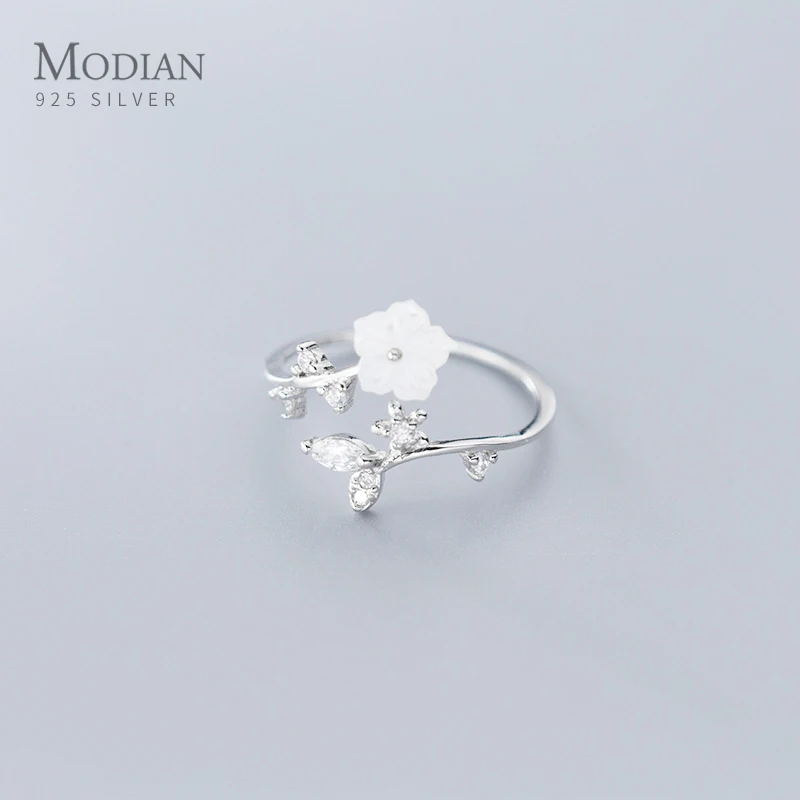 

Modian New 925 Sterling Silver Radiant Zircon Leaves White Shell Flower Free Size Ring for Women Plant Ring Original Jewelry