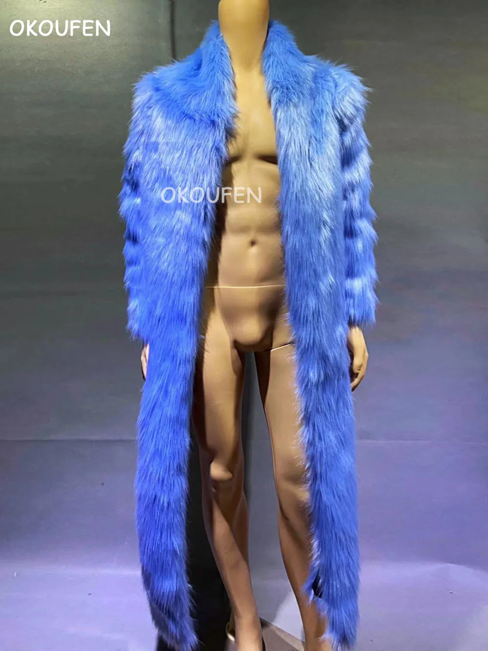 Cool new nightclub male singer blue dragon long fur coat party performance dance team stage performance clothing