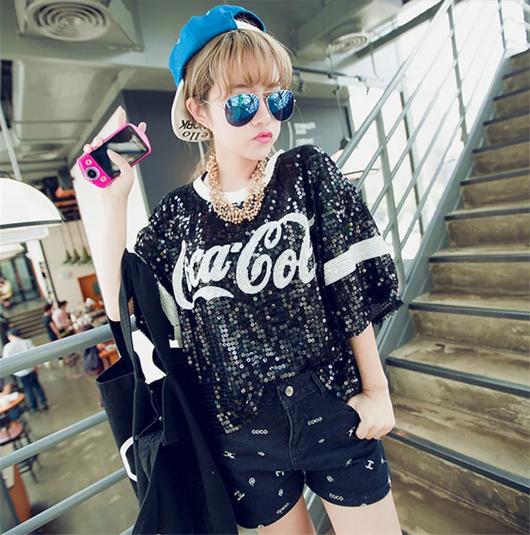 Sequined Hip Hop Streetwear T-Shirt Women Loose New Stitching Short Sleeved Female Letter Print Night Club T-Shirt