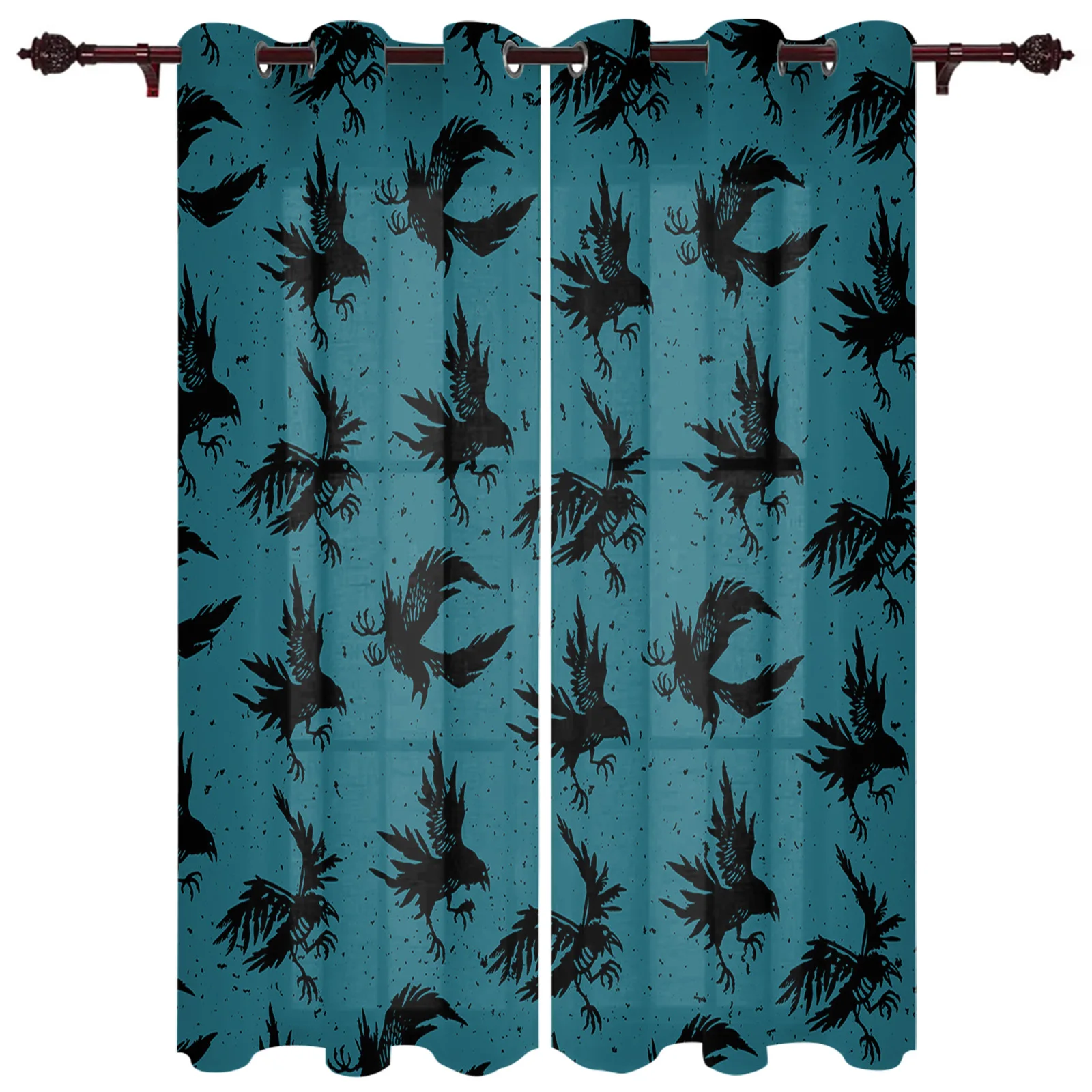 Kitchen Curtains Halloween Crow Silhouette Teal Window Curtains for Living Room Bedroom Drapes Kids Bedroom Curtains