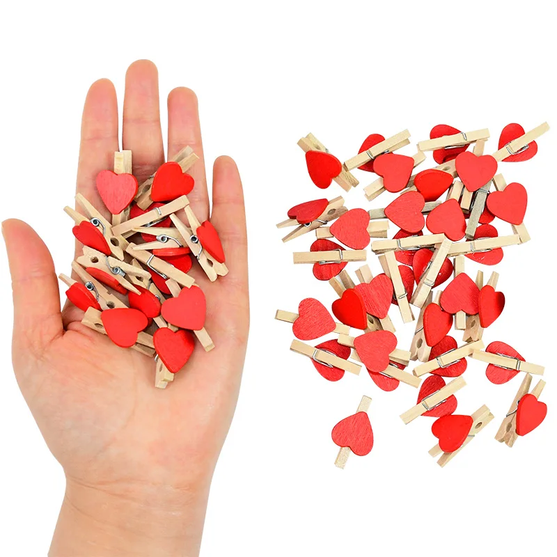 50PCS 30mm Chic Wedding Birthday Party Supplies Photo Wall Decoration White/Blue/Pink/Red Mini Heart Wooden Craft Clip Peg