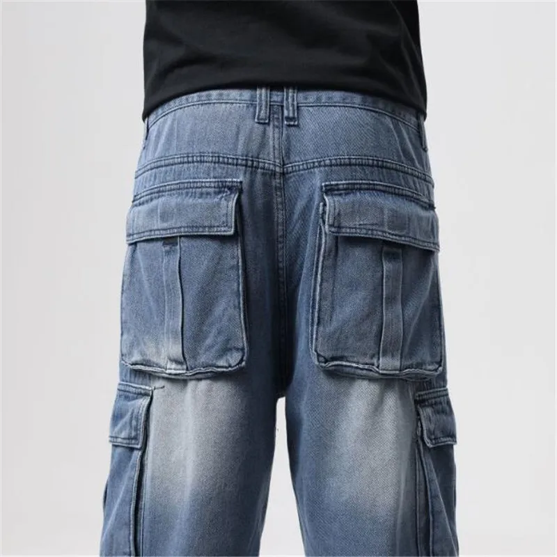 Summer Cargo Jeans Men's Light Blue Tide Cropped Trousers Plus Size HipHop Board Loose Bottoms Male Denim Short Pants