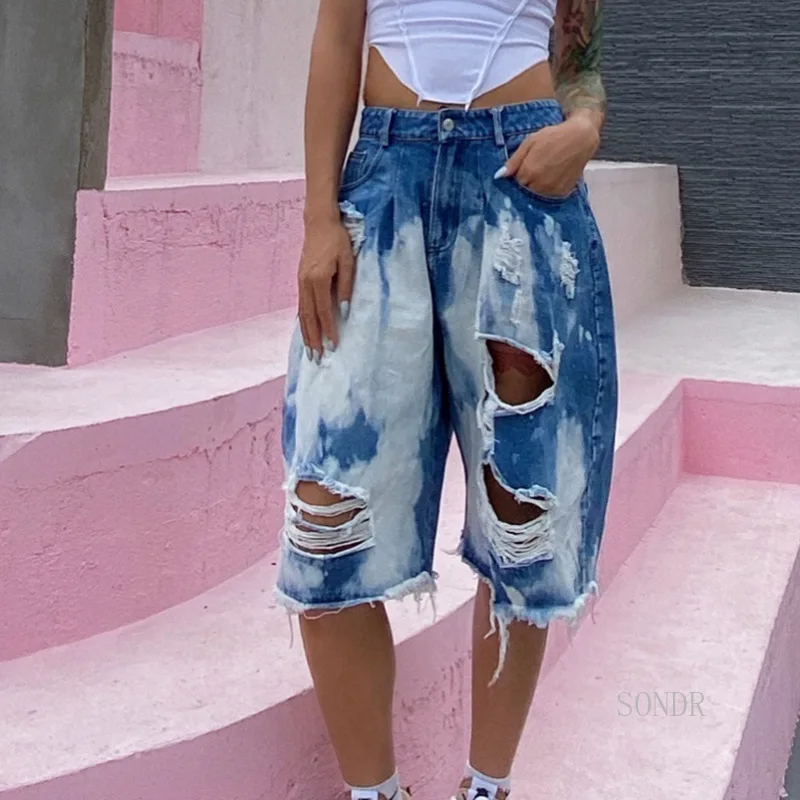 Women's Sexy Ripped Hole Knee Length Baggy Denim Shorts, Loose Straight Short Jeans, White Tie Dye Streetwear, Summer 2024