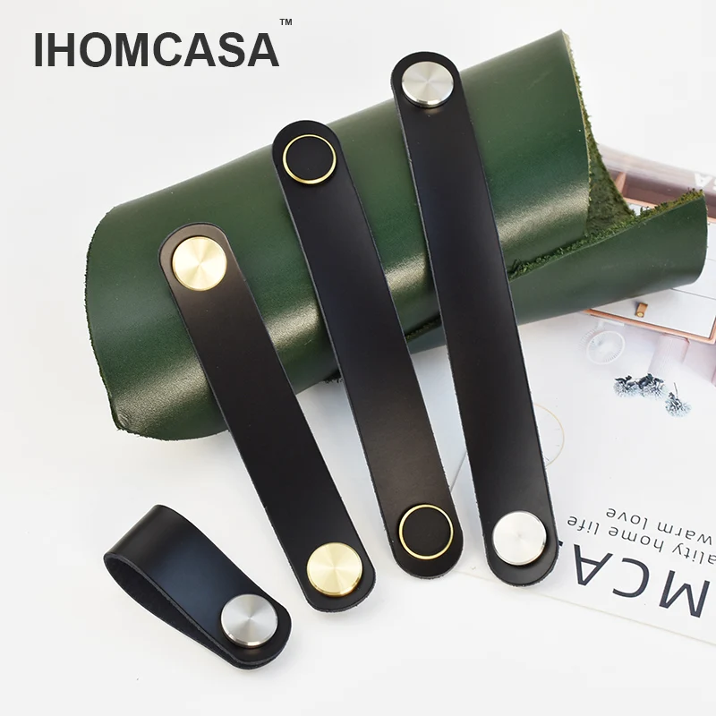 IHOMCASA Black Leather Furniture Handles Wardrobe Drawer Door Pull For Cupboard Gold Brass Shoe Cabinet Knobs Kitchen Hardware