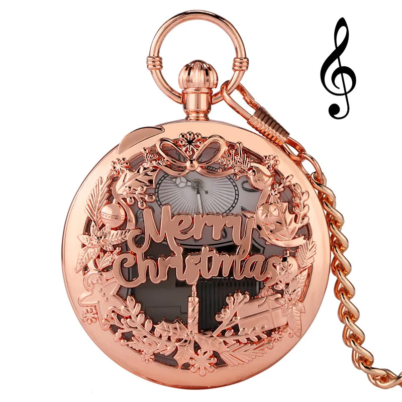 Antique Merry Christmas Musical Watch Men Women Quartz Analog Pocket Watches with Song Music Fob Clock Pendant Chain Xmas Gift