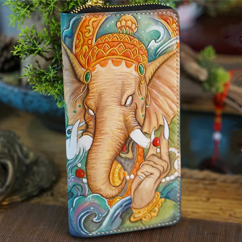 

Handmad Genuine Leather Wallets Carving Elephant God Zipper Bag Purses Women Men Long Clutch Vegetable Tanned Leather Wallet