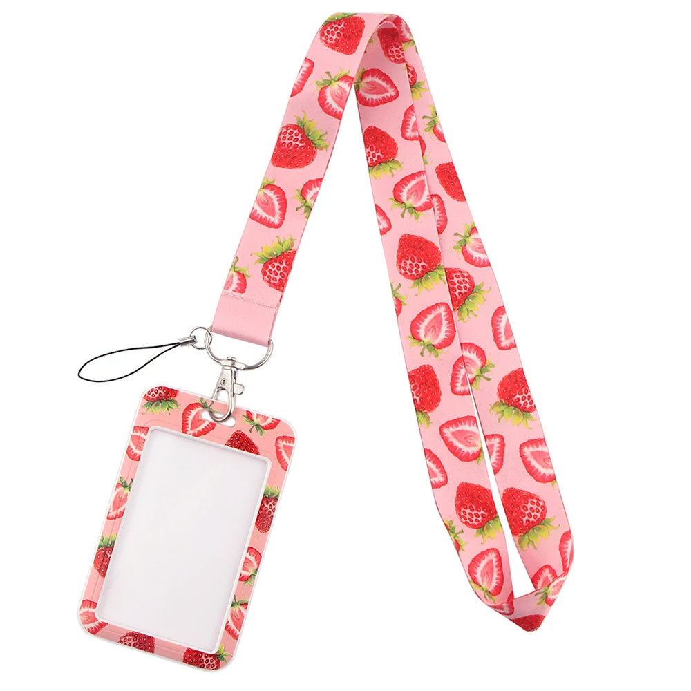 YL70 Cute Strawberry Woman Key Lanyards Neck Strap Card ID Badge Holder Key Chain Pendant Hang Rope Key Rings Gifts