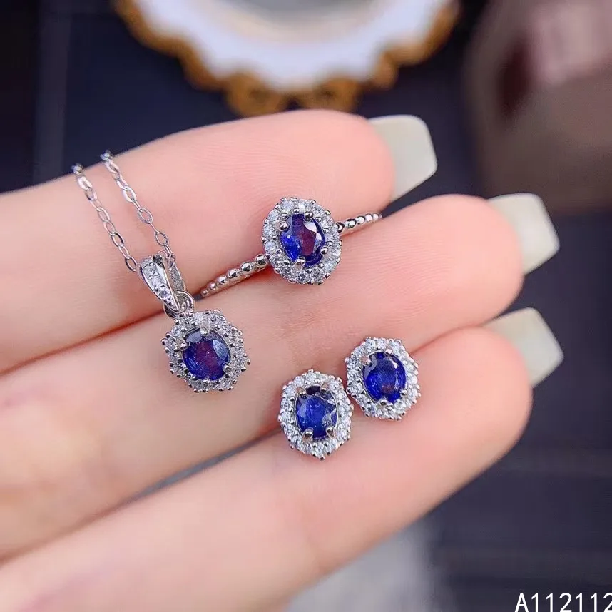 

Fine Jewelry 925 Pure Silver Inset With Natural Gem Women's Luxury Vintage Oval Sapphire Pendant Ring Earring Set Support Detect