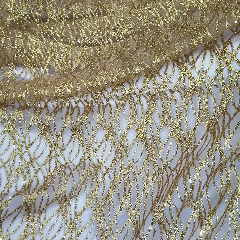 French Art Curved Lace Sequins Net Fabric, Shiny Party Dress Mesh Fabric, DIY Sewing Accessories, Champagne Gold, 360 cm